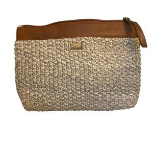 Darzzi womens light gray chunky yarn crochet bag clutch purse pouch leather trim